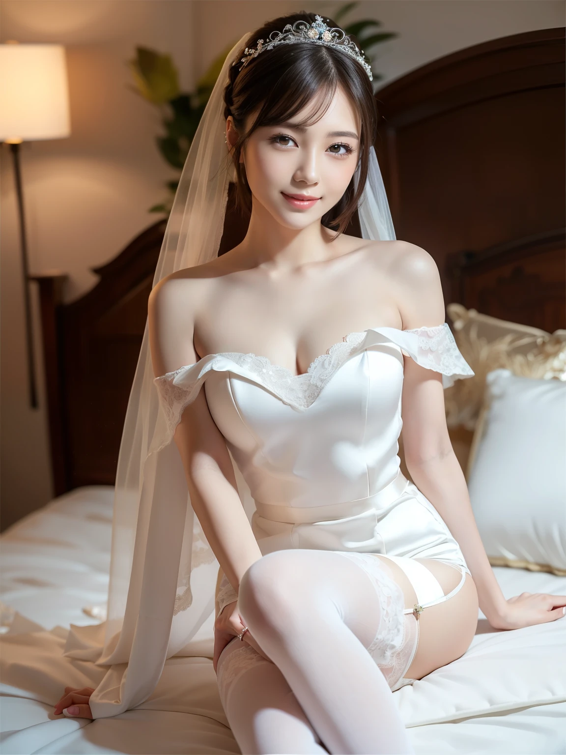 (Best quality: 1.5), (Realistic: 1.5), (1 person: 1.5), (Medium shot: 1.5), Highly detailed, High resolution, 8k, Medium breasts, Natural colored lips, Cute smile, Japanese woman, 20-year-old girl, beautiful and elegant features, perfect and beautiful face, large eyes with good balance between the left and right sides, brunette eyes, beautiful and elegant features, beautiful double eyelids, natural bangs, beautiful thin nose, beautiful skin, fair skin, (medium bob hair), natural bangs, perfect and beautiful face, slim face and figure, (looks at the camera with a sweet smile), bright lighting, professional lighting, forward lighting, princess line wedding dress, best Wearing a luxury bridal tiara (wearing a pure white off-shoulder wedding dress), luxury wedding dress, lace white gloves, bridal veil, (sit on bed), luxury bed, micro mini skirt, ((garter belt)), knee-high lace stockings,