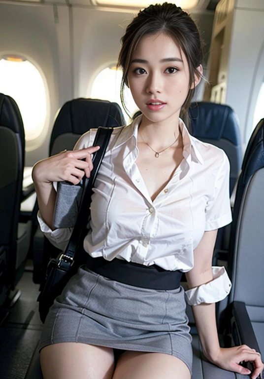 (8k, highest quality, masterpiece: 1.2), (Realistic, Realistic: 1.2),　Beautiful Japanese 20 year old woman, Tight waist, Thin thighs, detailed: (非常にdetailedな: 1.3), ((Dark colored stewardess costume)), Updo short hair, ((Wearing a mini skirt)), Slim and perfect style. (High resolution: 1.1), Airplane Passenger Passenger Passenger, Slim thighs, Perfect beauty, 