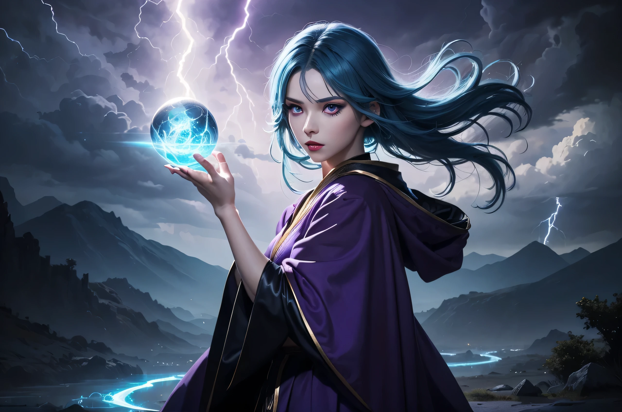 In the midle of lighning storm stand a goddes of storms, She have lonf blue hair with purple highlight line on her hair, her eyes is blue, also she have beautiful red lips and blue eye shadows, she dressed in gorgeous purple robe with white parts,she have magic sybles on her arms and body that glow with purple and blue light, she casting a lighning spell that call lighning from the sky, (ultra high quality fantasy art, dark fantasy style, masterpiece, ultra high quality character design, 8k quality anime art, realistic anime art, top quality wallpaper illustration, detailed ultra high quality accurate face, high quality design and accurate physic)