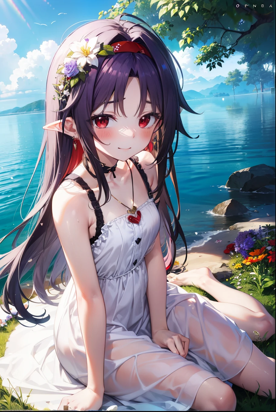 yuukikonno, Konno Yuuki, hair band, Long Hair, Pointed Ears, Purple Hair, (Red eyes:1.5), (Small breasts:1.2), Squint both eyes,blush,happy smile, smile, Close your mouth,White sleeveless dress,Bare arms,Heart Pendant,Long skirt,Barefoot flower crown,whole bodyがイラストに入るように,Sitting,Looking up from below,
break looking at viewer, whole body,
break outdoors, nature,Flower Field,Large Lake,
break (masterpiece:1.2), highest quality, High resolution, unity 8k wallpaper, (figure:0.8), (Beautiful fine details:1.6), Highly detailed face, Perfect lighting, Highly detailed CG, (Perfect hands, Perfect Anatomy),