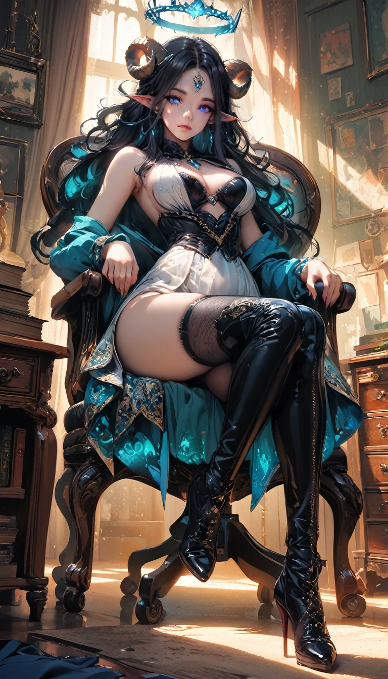 8k_wallpaper, extremely detailed eyes, extremely detailed body, (large masterpiece digital art), (detailed manga illustration), (detailed line art), ((perfect anatomy)), (intricate details:1.3), (ultra-detailed:1.3), (illustration:1.3), (sharp focus:1.3), (natural lighting:1.05), (vivid colors:1.3), (masterpiece), (best quality:1.4), (perfect anatomy:1.4), high quality, expressive eyes, full body, detailed face, beautiful face, perfect face, 1 girl, medium breasts, black hair, curly hair, wild hair, detailed hair, white dress shirt, black pants, pale skin, sapphire-blue eyes, demon, blue halo, sheep horns, curled horns, (horizontal pupils), sexy face, pointy ears, splash art, the demon girl, curvy, sitting in an office chair at a desk with feet on desk, black high heels,