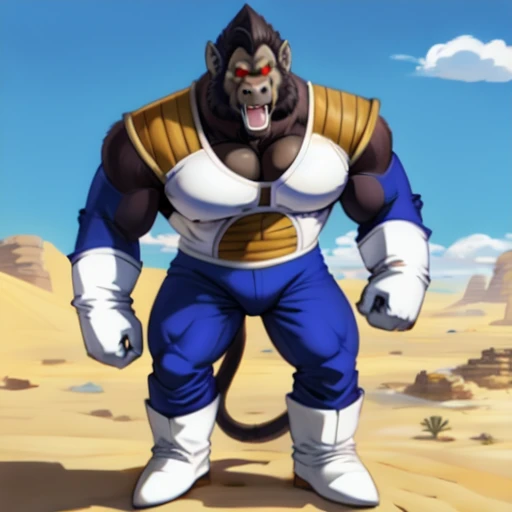 oozaru, macro, gorilla, brown head, prick ears, monkey tail, bent legs, looking down, oozaru vegeta, bara, barazoku, long muzzle, teeth, fangs, landscape dwarfing, boots, (gloves:1.5), open mouth, tongue, teeth, fangs, fist, day, sunlight, red eyes, glowing eyes, big eyes, no pupils, no sclera, blue suit, no suit, no saiyan armor, (no shoulder armor), no armor, sunlight, summer, desert, (hyper pecs:1.70),