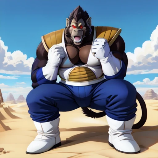 oozaru, macro, gorilla, brown head, prick ears, monkey tail, bent legs, looking down, oozaru vegeta, bara, barazoku, long muzzle, teeth, fangs, landscape dwarfing, boots, (gloves:1.5), open mouth, tongue, teeth, fangs, fist, day, sunlight, red eyes, glowing eyes, big eyes, no pupils, no sclera, blue suit, no suit, no saiyan armor, (no shoulder armor), no armor, sunlight, summer, desert, (hyper pecs:1.70),
