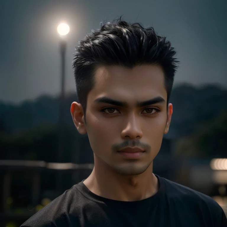 The Aarav man wore a black shirt and a black shirt., Perfect bright face, Soft low-light portraits, Realistic facial mood lighting, soft Portrait 8 k, Portrait 8 k, Southeast Asians with round faces, Intense flash shots at night, Soft, medium vertical light., Spotlight in the middle of the face, Portrait in the middle of a shot, Asian man
