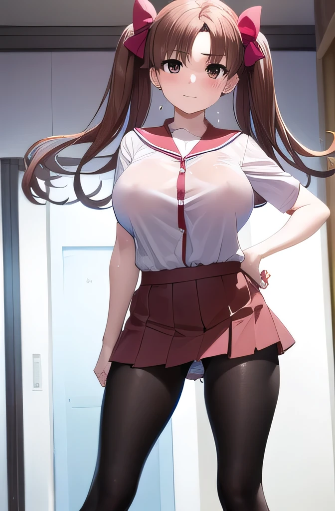 kurokoshirai, kuroko shirai, brown hair, long hair, (parted bangs:1.5), (brown eyes:1.7), Ringlet, twin tails, hair bow, bow, red bow, (big breasts:1.5),
break,Pink sailor suit:1.3、Red pleated skirt:1.2、Light pantyhose、twin tails、
break looking at viewer, whole body,
Break in my dorm room、
break (masterpiece:1.2), highest quality, High resolution, unity 8k wallpaper, (shape:0.8), (fine and beautiful eyes:1.6), highly detailed face, perfect lighting, Very detailed CG, (perfect hands, perfect anatomy),blush:1.3、sweat on face:1.5、Standing still、Grinning mouth、Sweaty、Full body portrait、Hollow Eyes、Fluid dripping from the crotch、Erect nipples under the costume