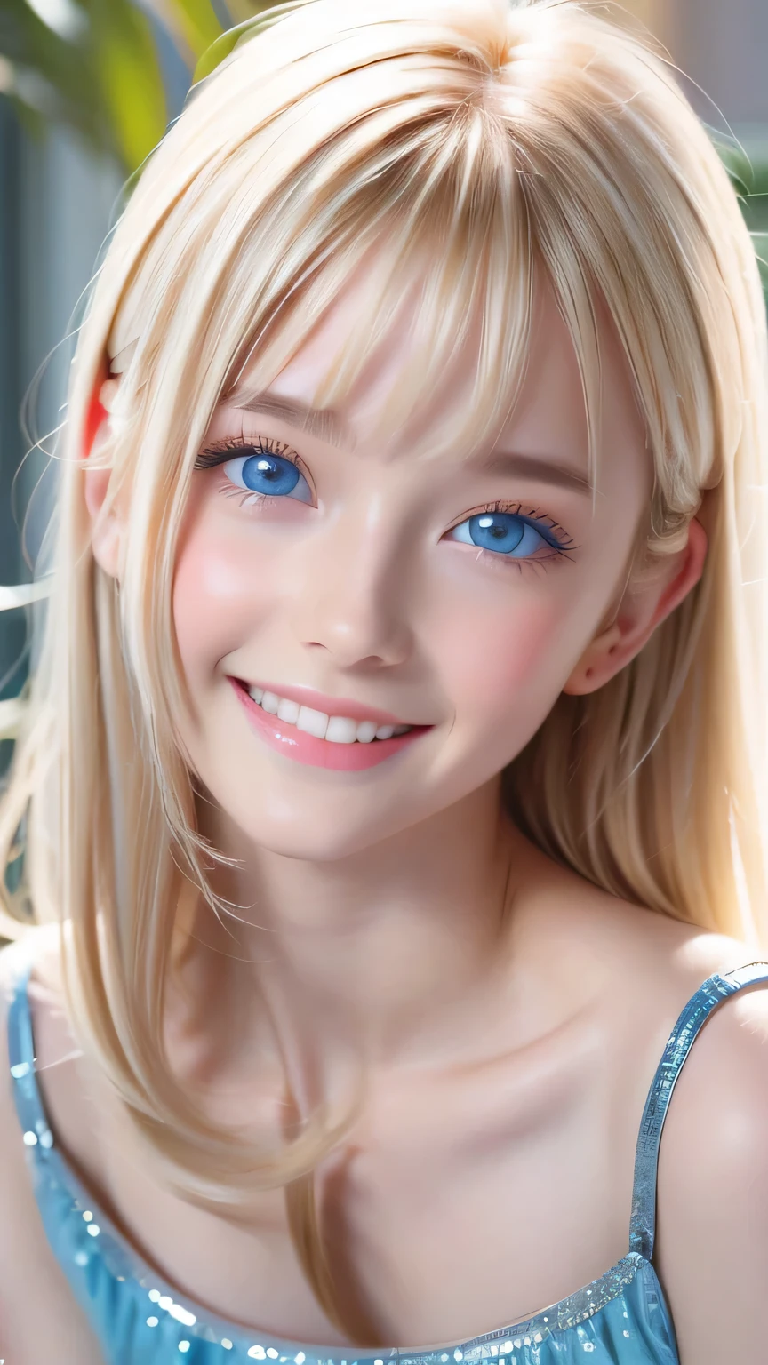 Beautiful white and shining skin、Blonde hair that changes color depending on the light、Bangs between the eyes obstruct vision、Shiny highlights on the cheeks、Sexy and very beautiful nice cute gorgeous face、The most beautiful face in the world、Super long gorgeous spare blonde hair、Smooth straight hair、Large Breasts, Very large, bright blue eyes that sparkle beautifully、Beautiful Bangs、Beautiful cute girl.Small Face Beauty、Cheek gloss highlighter、Round face