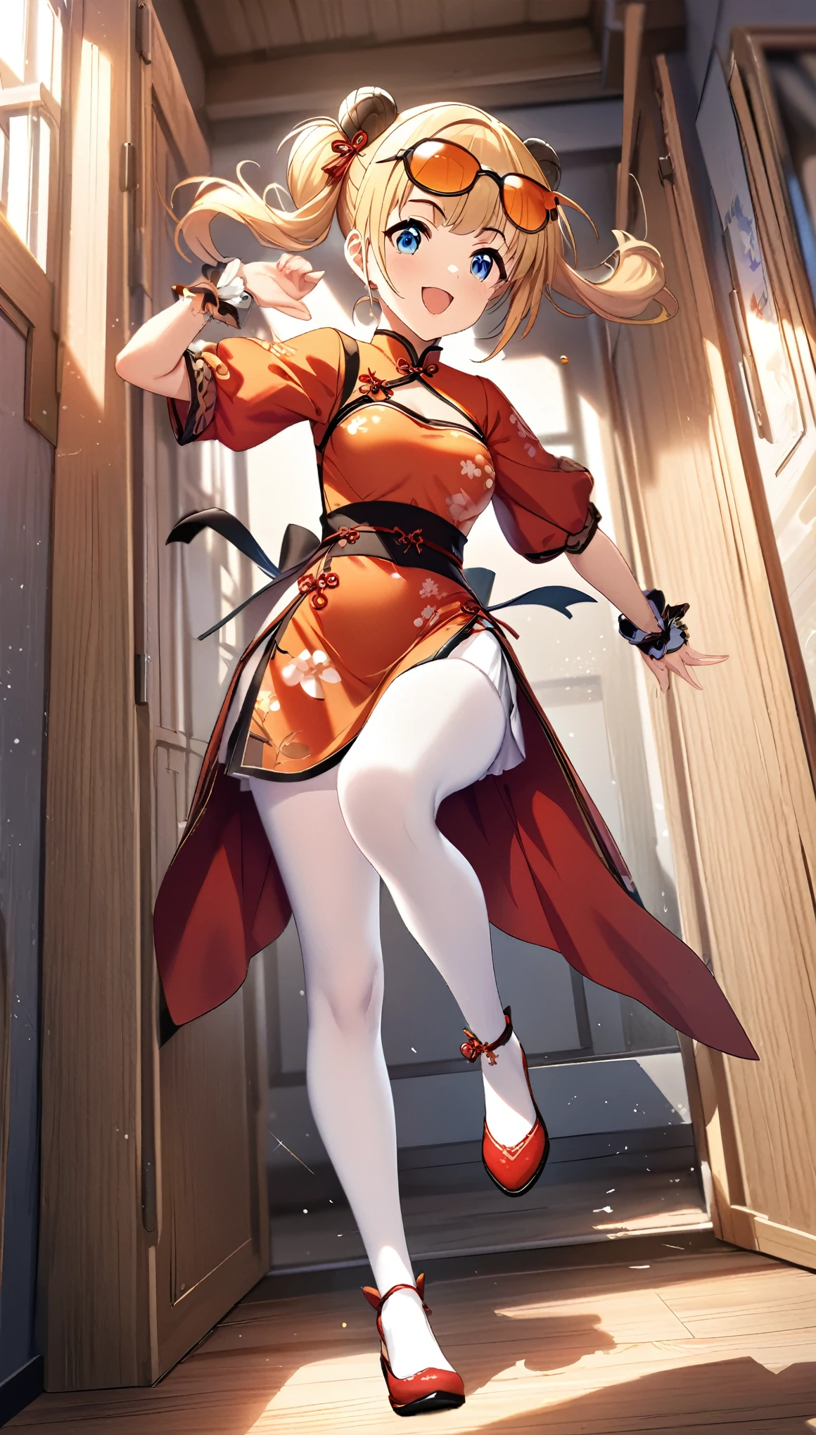 masterpiece, highest quality, Very detailed, High resolution, An expensive solution, 　Anime  spin kicking a panda, One girl, Blonde Hair, blue eyes, Bun twin tail, 1 wearing orange sunglasses.5　Medium chest, , Long red Chinese dress　White knee-high pantyhose, smile, Panicked, View Viewer, Panda kicked and sent flying　Full body view