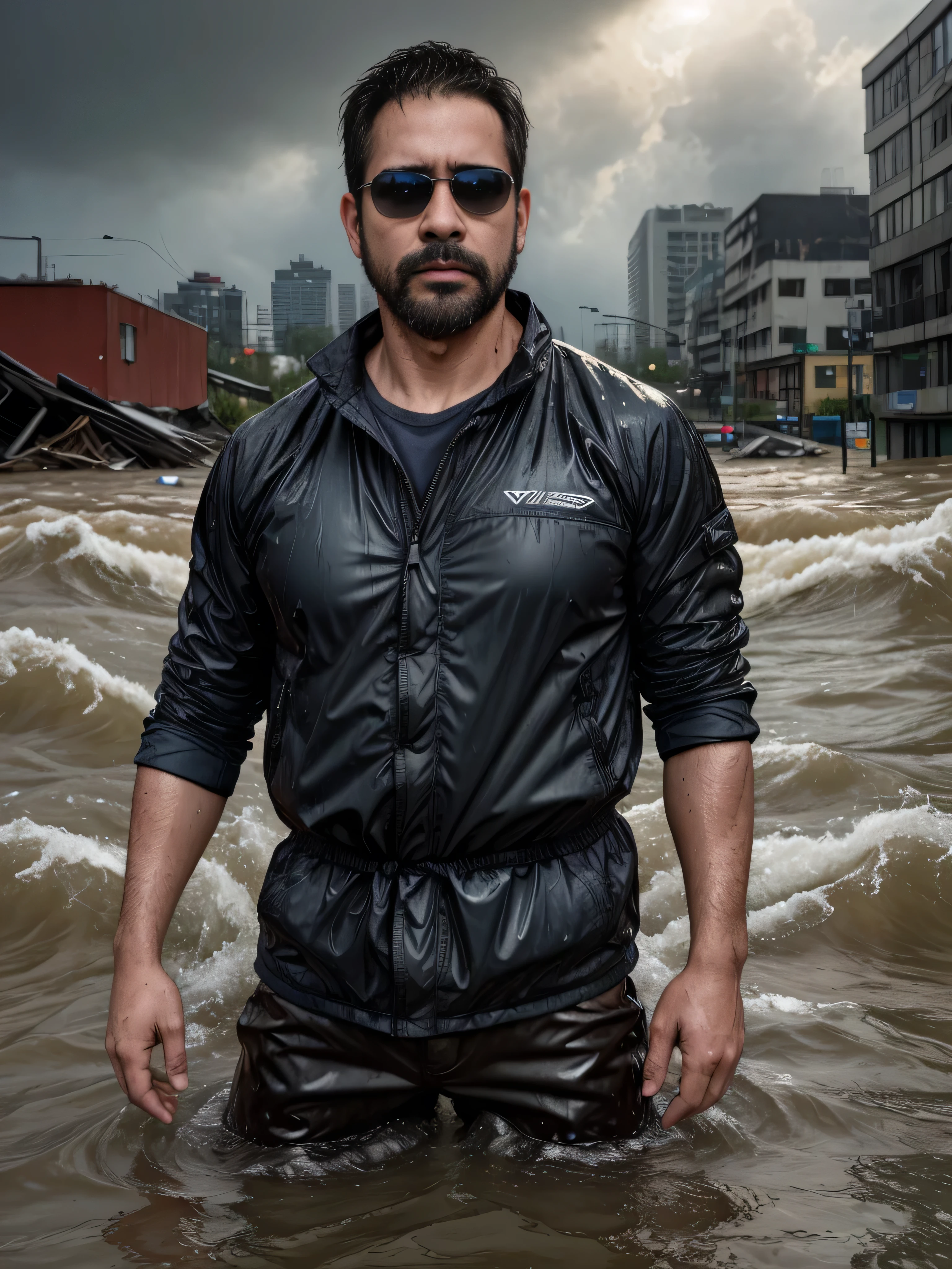 a 38-year-old man with a masculine appearance, dark sunglasses, extremely detailed facial features, medium shot from waist up, massive flood, standing waist-deep in rushing water, debris floating around, partially submerged buildings in background, wet clothes clinging to body, expression of intense determination and resolve, looking towards distant point, overwhelming force of floodwaters and destruction, photorealistic, hyper detailed, cinematic lighting, dramatic scene, dramatic lighting, environmental portrait, HDR, 8k, hyperrealistic, professional photography