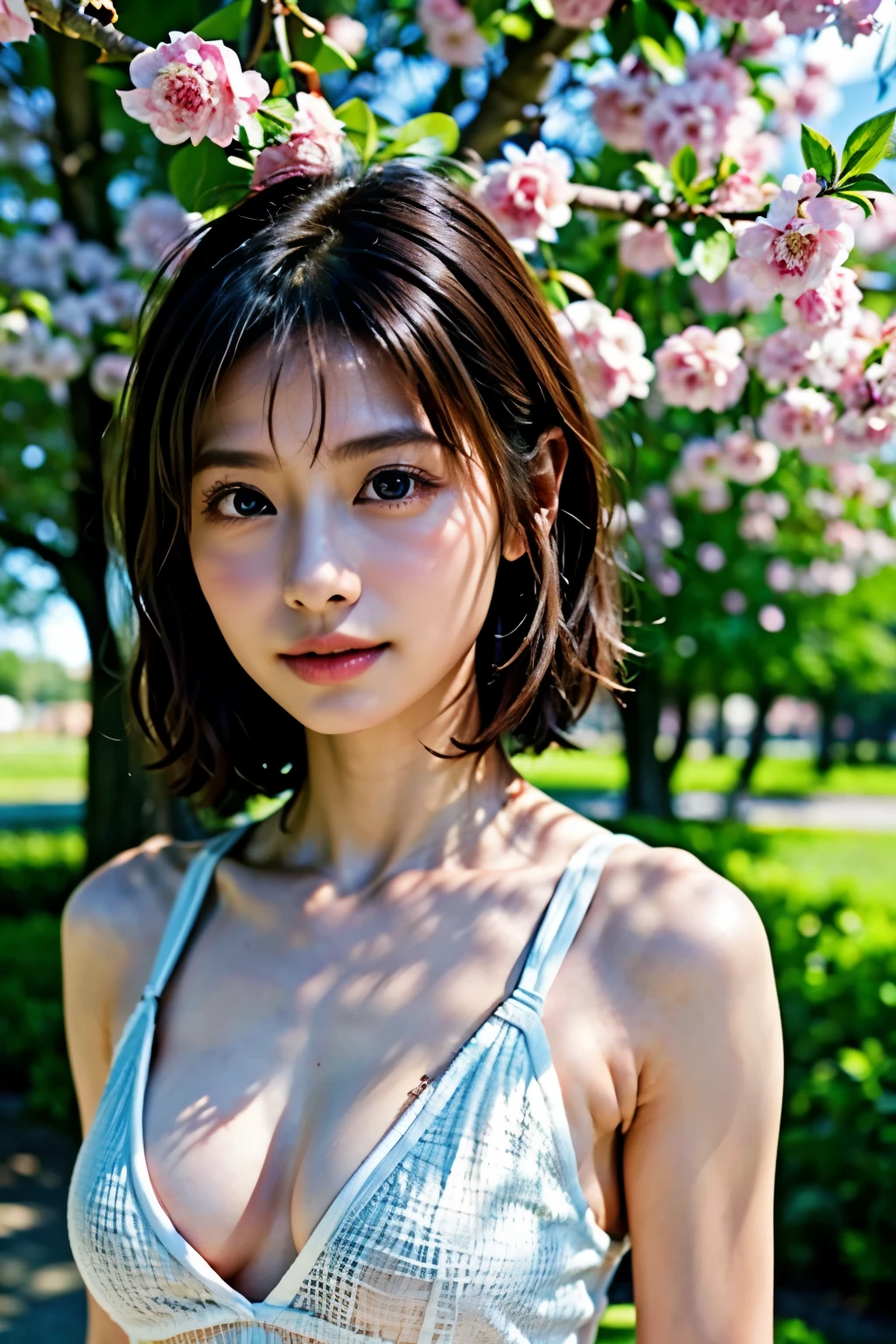 (NSFW)((((masterpiece、highest quality、High resolution))))、Extremely detailedな 8K、Beautiful girl with slim body、(Ultra HD、Super fine、Extremely detailed、Highly realistic、Ultra-realistic、Realistic photos) 、((Ultra-detailed eyes、Watery eyes))、(1girll:1.5)、(chest: 1.3)、(((A pose that emphasizes the lower body)))、Top view、Woman in her 20s、Short curly brunette hair、White very sexy lace lingerie、A shy smile、Cherry tree in full bloom、Standing under a canopy of pink flowers