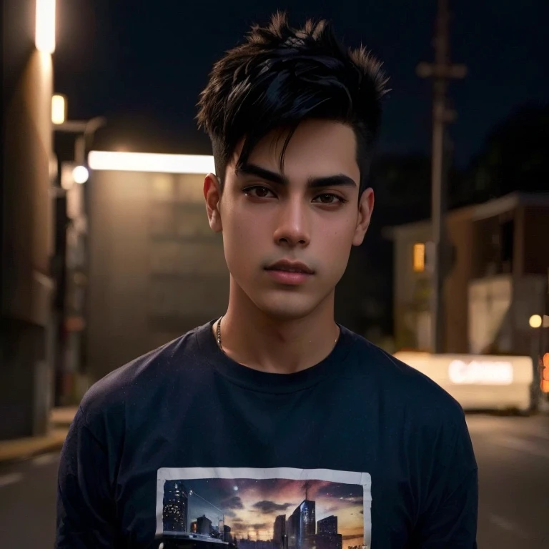 Man Aarav stands in the middle of the road at night., Headshot profile picture, Portrait in the middle of a shot, Portrait of Jughead Jones, Rick Dai, Inspiration from John Luke, Andrew Thomas Wang, Damian Tran, Headshot, Alex Miranda, high quality vertical, movie image, Medium portrait, Andrew Gonzalez, He wore a black t-shirt.