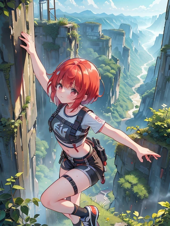 (8k, highest quality, Tabletop:1.2)、Ultra-high resolution, Detailed face, (See her from above), 15-year-old girl, Red eyes, Red hair, short hair, (((Free Solo Climbing))), ((Hands on the cliff)), ((Lift your head)), ((Sweat)), ((sneakers)), (Crop top), (Shorts), holster, fog, null, Dense forest, canyon, high null