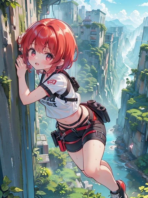 (8k, highest quality, Tabletop:1.2)、Ultra-high resolution, Detailed face, (See her from above), -yeld gi Red eyes, Red hair, short hair, (((Free Solo Climbing))), ((Hands on the cliff)), ((Lift your head)), ((Sweat)), ((sneakers)), (Crop top), (Shorts), holster, fog, null, Dense forest, canyon, high null