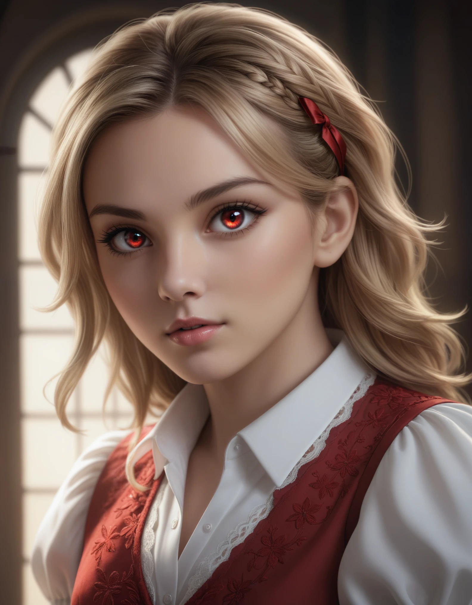 young, gaspervladi, gasper vladi, short hair, blonde hair, (red eyes:1.3), pointy ears, BREAK shirt, ribbon, , white shirt, black ribbon, neck ribbon, long sleeves, skirt, red skirt, puffy sleeves, BREAK indoors, classroom, BREAK looking at viewer, (cowboy shot:1.5), BREAK (masterpiece:1.2), best quality, high resolution, unity 8k wallpaper, (illustration:0.8), (beautiful detailed eyes:1.6), extremely detailed face, perfect lighting, extremely detailed CG, (perfect hands, perfect anatomy)