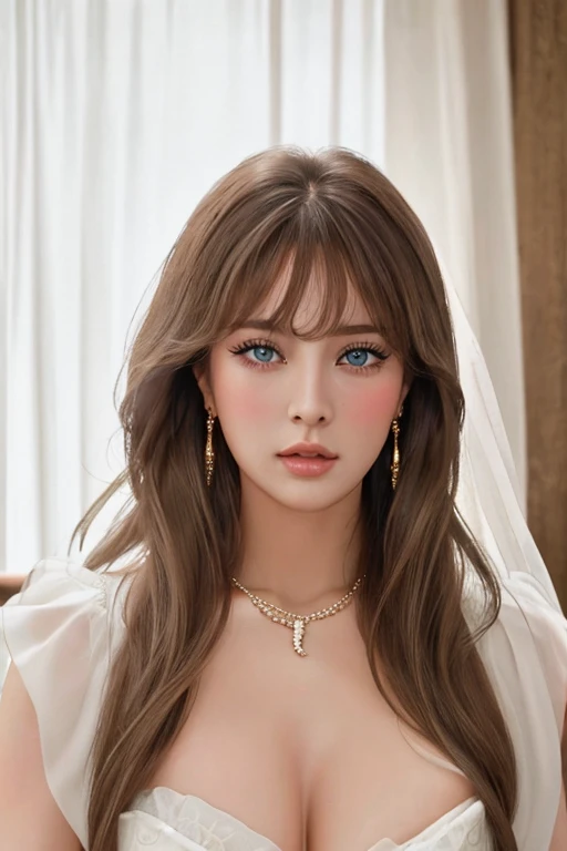 Masterpiece, Ultra realistic, 16k, dream atmosphere, r3b3cc4 young girl, sexy (erotic), 1 girl (pretty young) Alone, delicate (seductive) female face, long silky hair, looking at viewer, blue eyes, brown hair, simple background, white background, jewelry, earrings, necklace, young beauty, portrait , hoop earrings, realistic, soft lighting, professional photography, Photorealistic, detailed eyes, muscular female body, defined muscles, delicate feminine, big natural breasts, hot belly, proportional narrow waist, proportionally big hips, thick legs, pretty, nude, different sensual positions, RAW, analog, sharp focus, 8K, high definition, DSLR, high quality, Fujifilm XT3 , film grain, award-winning, Work of art 