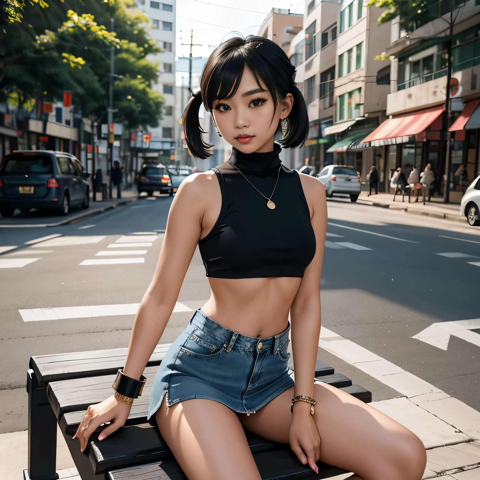 (1 Thai girl),
, short hair with pigtails, (turtleneck sleeveless black crop top:1.2), black stockings, (cropped denim miniskirt), (necklace ,bracelet), sitting on a bench in a street