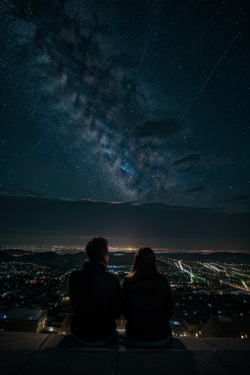 Bango starry night in the sky of a city with a couple watching the sky from a mountain 