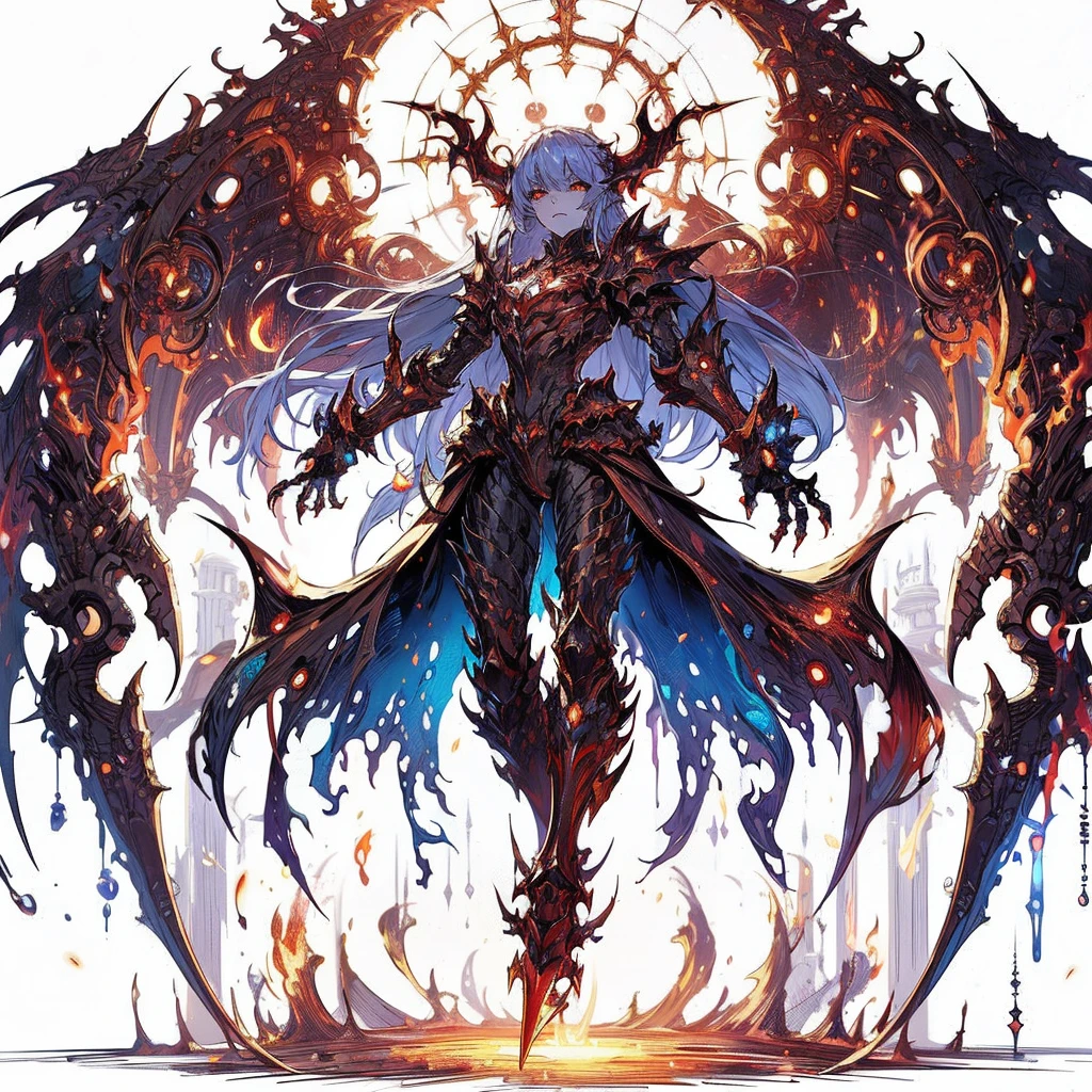 Close-up of a demonic creature with fire and flames, Glamorous Supreme Demon Overlord, Demon Soul concept art, Symmetrical epic fantasy art, Flame-inspired armor, Demon King, Shadowverse Style, Good Hell Art, Anime fantasy artwork, Epic anime art, Armor with a demonic dragon motif, Epic fantasy art style HD
