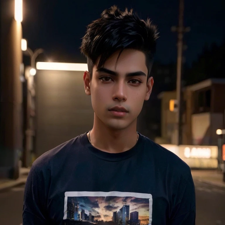 Man Aarav stands in the middle of the road at night., Headshot profile picture, Portrait in the middle of a shot, Portrait of Jughead Jones, Rick Dai, Inspiration from John Luke, Andrew Thomas Wang, Damian Tran, Headshot, Alex Miranda, high quality vertical, movie image, Medium portrait, Andrew Gonzalez, He wore a black t-shirt.