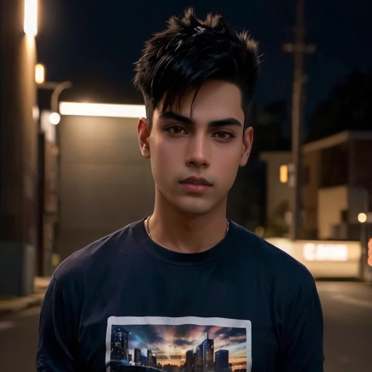 Man Aarav stands in the middle of the road at night., Headshot profile picture, Portrait in the middle of a shot, Portrait of Jughead Jones, Rick Dai, Inspiration from John Luke, Andrew Thomas Wang, Damian Tran, Headshot, Alex Miranda, high quality vertical, movie image, Medium portrait, Andrew Gonzalez, He wore a black t-shirt.