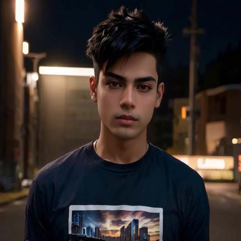 Man Aarav stands in the middle of the road at night., Headshot profile picture, Portrait in the middle of a shot, Portrait of Jughead Jones, Rick Dai, Inspiration from John Luke, Andrew Thomas Wang, Damian Tran, Headshot, Alex Miranda, high quality vertical, movie image, Medium portrait, Andrew Gonzalez, He wore a black t-shirt.