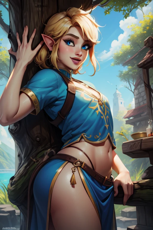 link,cabelo loiro curto,Orelhas pontudas, olhos azuis,  Maquiagem leve,  barriga, peito achatado, 
 LGear,cinto,manoplas de noiva, blue tunic, 
Mercenary tavern, 
(incrivelmente detalhado, lindo rosto detalhado, Obra de arte, melhor qualidade) standing, tronco, sorridente, Perfect Penis, incredibly detailed penis, grande, obra de arte, best quality penis)
 