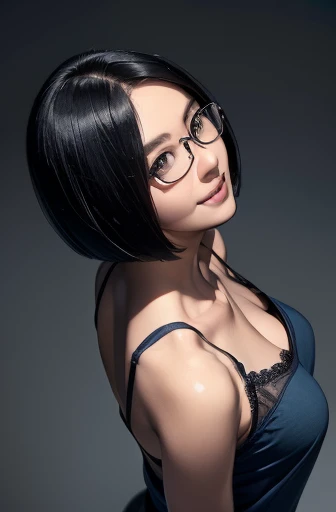 (masterpiece), (8k, best quality, high resolution), (ultra-detailed, realistic), (anatomically correct),
((from above)), ((looking up)),
((face image)), (Standing), (((looking back))), (No background),
(1woman), ((looking at viewer)), (show your back),
(A Japanese woman, 30 years old and 155cm tall.),
((Wear a navy blue tunic camisole)), ((A camisole without decoration.)),
(black hair), (straight hair), (short hair style), ((bob cut)),
(wear glasses), (black square cell glasses),
((smile broadly)),
(Her impression is pure, clean and kind.),