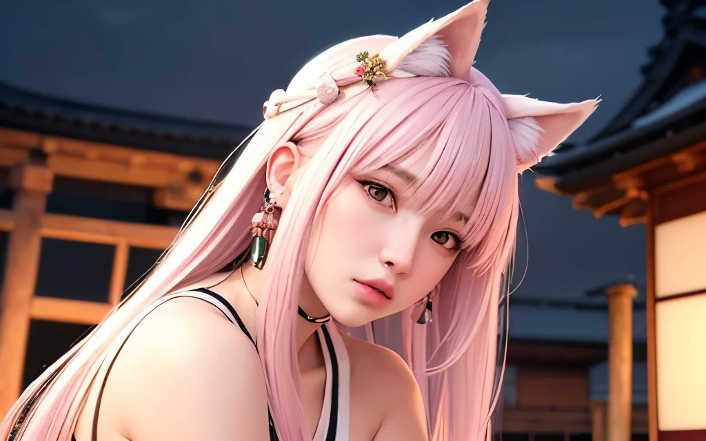 RaidenShogun, detailed clothes, white clothes, (medium breasts:1.4), side boobs:1.5, hair ornament, white japanese clothes:1.5, (light pink hair:1.4), very long hair, straight hair, detailed face, cool face, (smooth chin:0.85), looking at viewer, beautiful eyes, detailed eyes, skirt, (night:1.4), from side:2, (old japan shrine:1.5),photon mapping, physically-based rendering, RAW photo, highly detailed background, (photo realistic:1.35), high res, perspective, facing front,(ulzzang-6500:0.5), 1girl,  full face, zoomed out, head to body, low_collar, no_collar, bare shoulders, fox ears, animal ears, hair ornament behind head, fox_tail, hair accesory, ancient neklace, kpop idol, yae miko, detached sleeves, (painting:1.5), (hair ornament:1.35), jewelry, purple eyes, earrings, breasts, torii, cherry blossoms, lantern light, depth of field, detailed face, face focus, ribbon_trim, (looking at viewer:1.25), nontraditional miko, shiny skin, long sleeves, smile, thick lips, game cg, hands on lips, east asian architecture, yae sakura