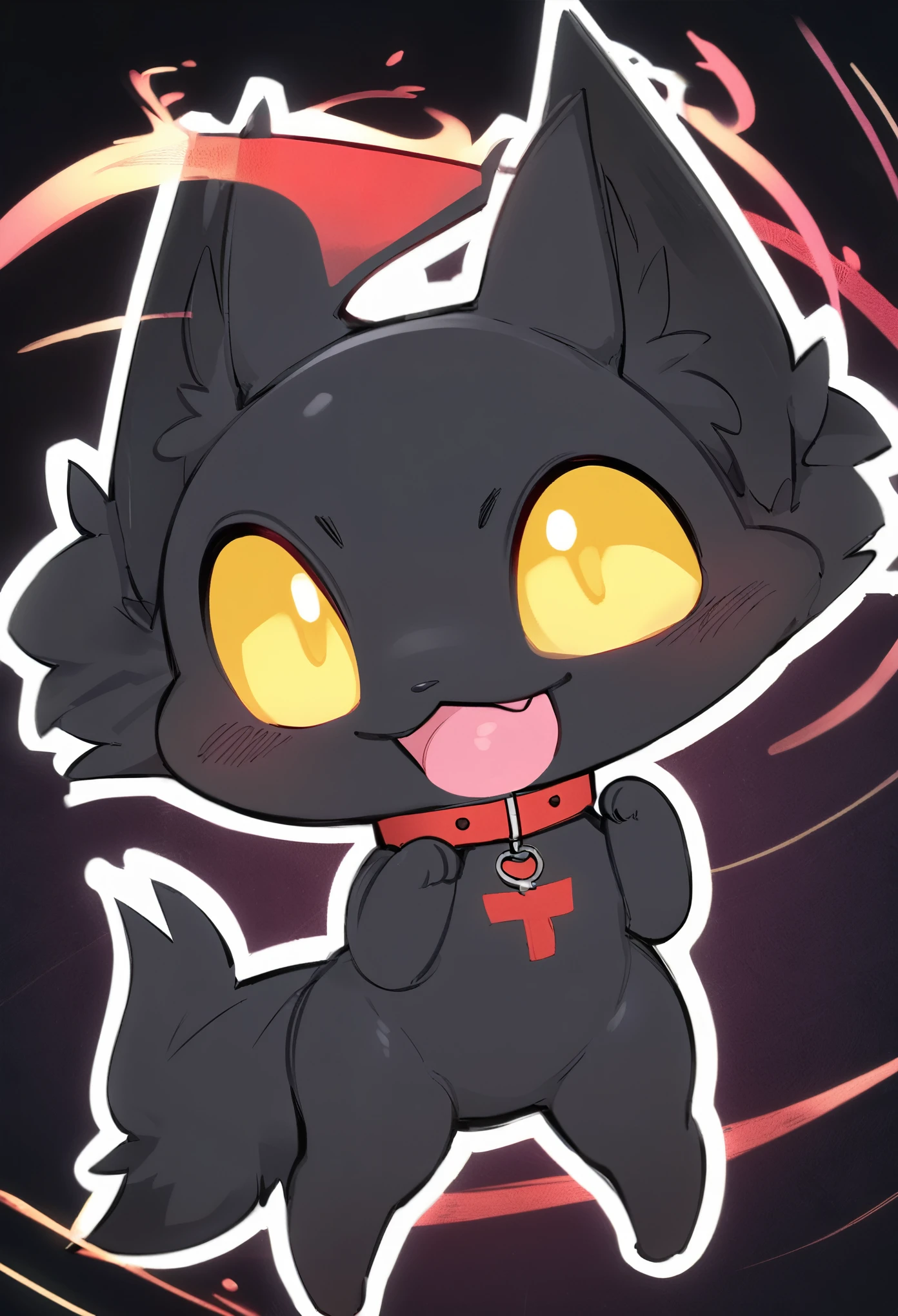 super deformed, furry, funny, fluffy, best quality, masterpiece, pitch black cat-like magical beast with short limbs, yellow oval eyes, triangular pink mouth, Devil's Wing, overall round appearance, cute expression, cute pose, red cross collar