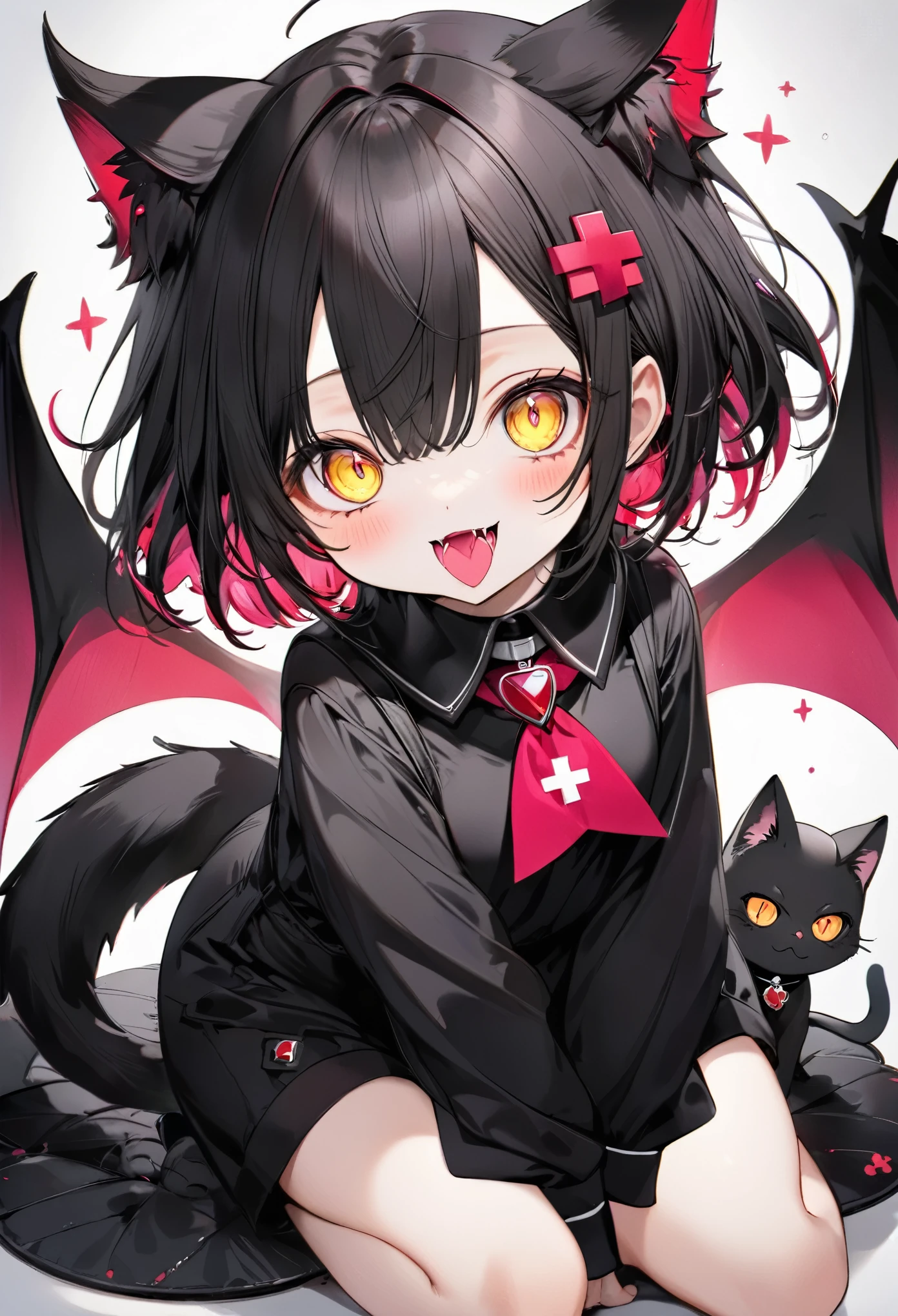 best quality, masterpiece, pitch black cat-like magical beast with short limbs, yellow oval eyes, triangular pink mouth, Devil's Wing, overall round appearance, cute expression, cute pose, red cross collar