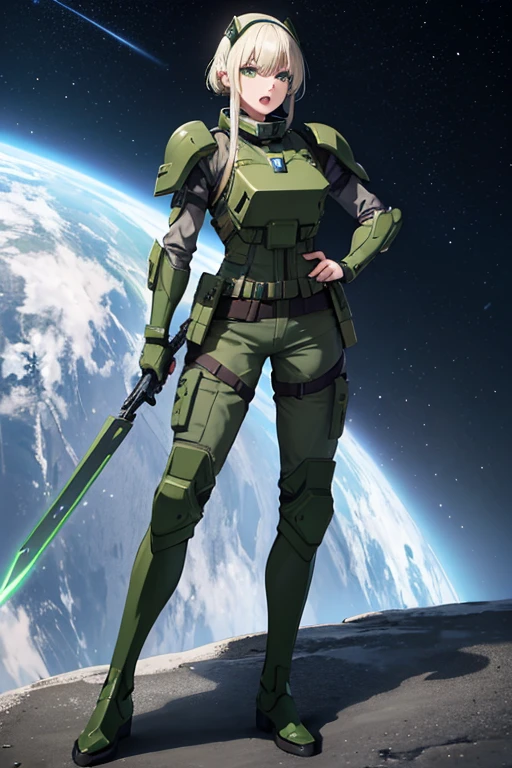 Anime drawings、Full body portrait、Space Sci-Fi Soldier、A military woman, around 175cm tall, around 28 years old, wearing a dark green bulletproof vest, holding a beam sword、Open mouth and screaming、Hair is semi-long、Platinum Blonde Hair、Shoulder Armor、Military boots、Wearing a helmet on his head、Green Eyes