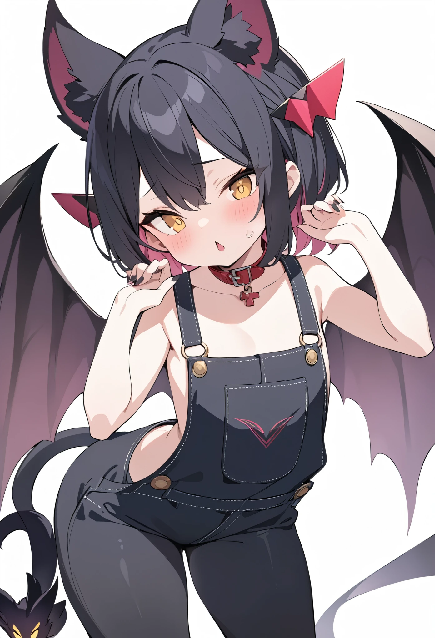 best quality, masterpiece, pitch black cat-like magical beast with short limbs, yellow oval eyes, triangular pink mouth, Devil's Wing, overall round appearance, cute expression, cute pose, red cross collar