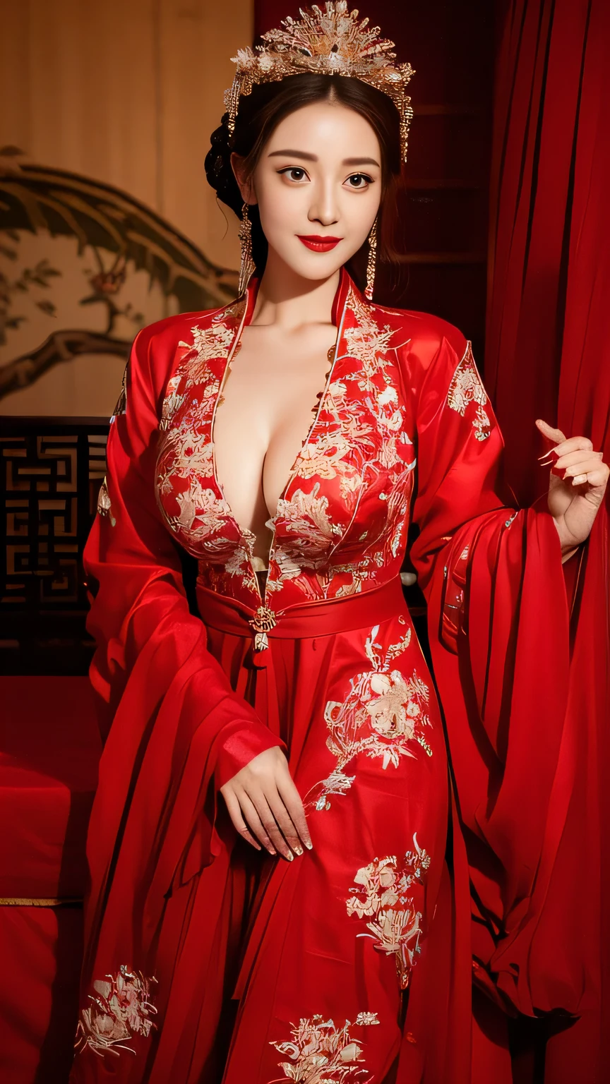 (Hyper-realistic 8K CG: 1.2), Perfect work of art, Exquisite patterns, Intricate details, (An unrivalled masterpiece, best quality: 1.2), (Extremely complex: 1.2), woman in red and gold dress, ((dark brown hair, Big tits:1.2 )), (Low-cut，Deep V),Phoenix Coronet, hair stick, (Red bed: 1.3), cosmetic, blush, Shy, (Smile),Black_hair, Looking at the audience, cosmetics, (Lace，silk), (chiffon:1.5),Show her breasts， (Faint areola:1.5),，Chinese_clothing, ((Red loose comfortable clothing:1.4)),(Large Breasts),D cup ，curtain, earrings, hair_decorate,Hanfu, Internal, Jewelry, Red nails, long_sleeve, （On the Red Bed，Red pillow:1.6） ，（minuscule underwear:1.5），Red Dress, red lips, tassel, (Red pillow,Red quilt), (Red Hi Word: 1.2), (ancient Chinese architecture),, night,（wedding），（Marriage room），Chinese style marriage room，（Phoenix Coronet:1.5）,（bridal chamber），(joyful eyes:1.5),