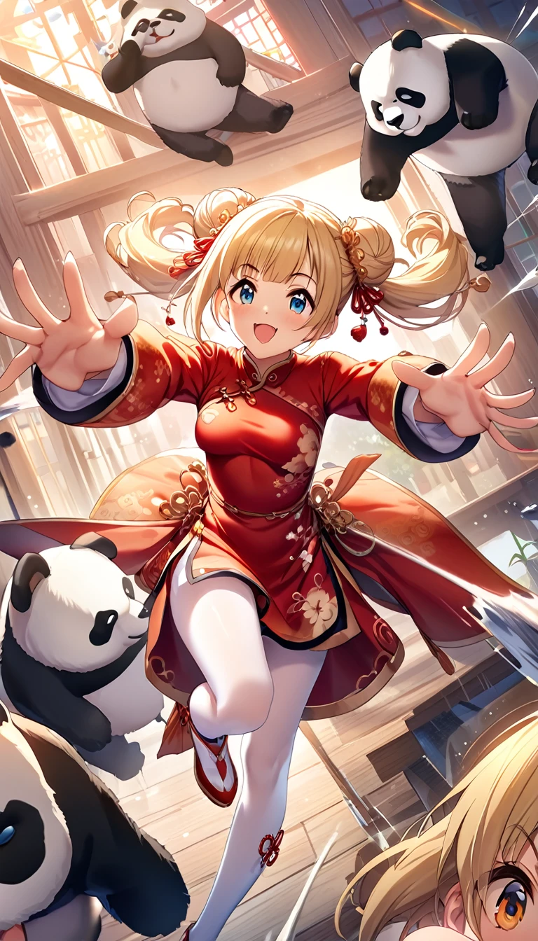 masterpiece, highest quality, Very detailed, High resolution, An expensive solution, Anime spin kicking a panda, One girl, Blonde Hair, blue eyes, Bun twin tail, 1 wearing orange sunglasses.5 Medium chest, , A long red Chinese dress White knee-high pantyhose, smile, Panicked, View Viewer, Giant panda gets kicked and sent flying Full body view