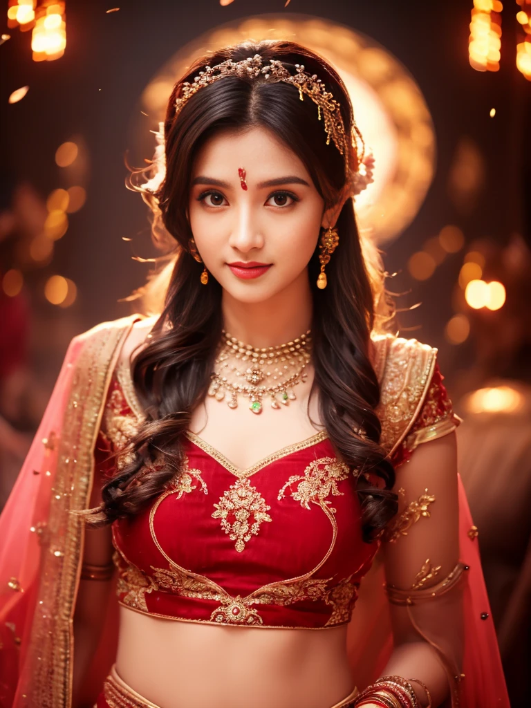 4K, Ultra-high resolution, masterpiece, 1 girl, Nice face, Fine grain, Detailed lips, Very long hair, Straight hair, Very long hair, Beautiful Hair, hair Decorations, hair band, Gradient Hair, ((Red Lehenga)), ((Bridal Lehenga)), ((Decorative blouse)), sardine, ((Lehenga Jewelry)), ((race)), Decorations, neckrace, Earrings, high intensity lighting, ((Bare Belly)), Wedding Stage, Fujicolor, Depth of written boundary, Ray Tracing, Ultra-Realistic Details,