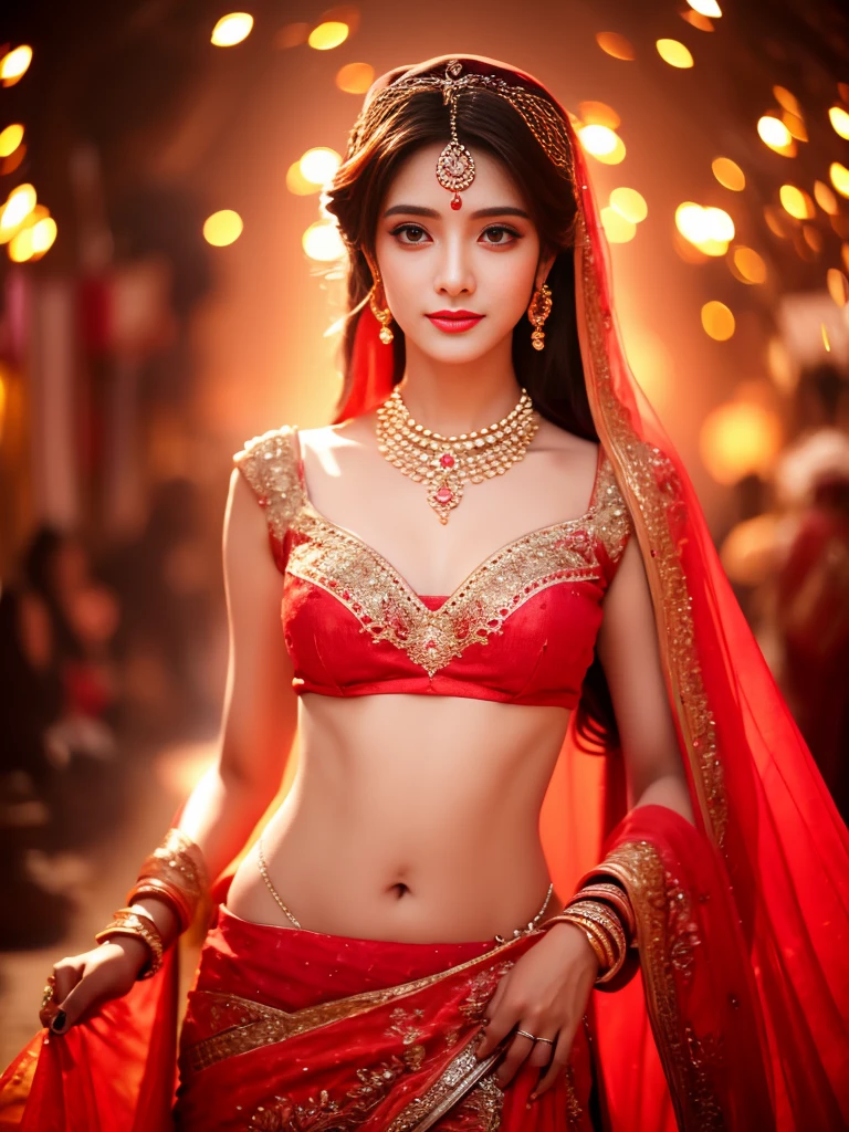 4K, Ultra-high resolution, masterpiece, 1 girl, Nice face, Fine grain, Detailed lips, Very long hair, Straight hair, Very long hair, Beautiful Hair, hair Decorations, hair band, Gradient Hair, ((Red Lehenga)), ((Bridal Lehenga)), ((Decorative blouse)), sardine, ((Lehenga Jewelry)), ((race)), Decorations, neckrace, Earrings, high intensity lighting, ((Bare Belly)), Wedding Stage, Fujicolor, Depth of written boundary, Ray Tracing, Ultra-Realistic Details,