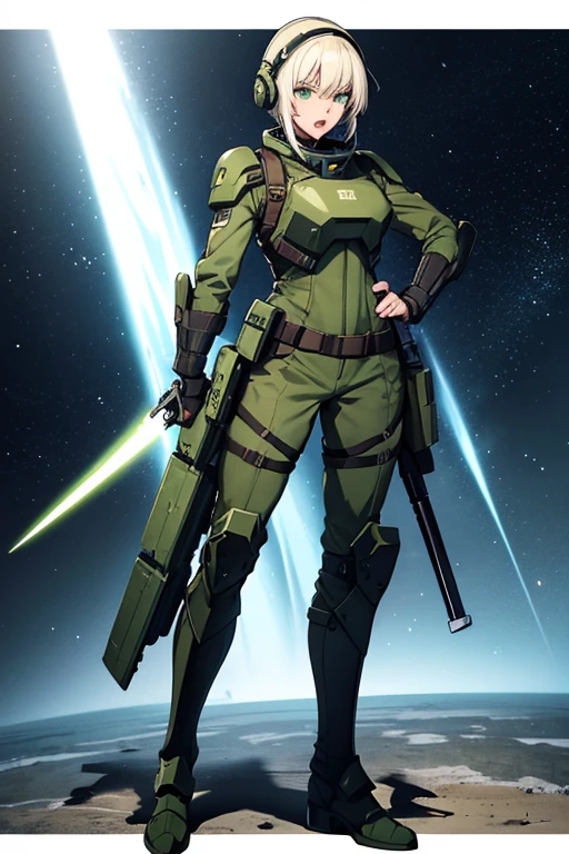 Anime drawings、Full body portrait、Space Sci-Fi Soldier、A military woman, around 175cm tall, around 28 years old, wearing a dark green bulletproof vest, holding a beam sword、Open mouth and screaming、Hair is semi-long、Platinum Blonde Hair、Shoulder Armor、Military boots、Wearing a helmet on his head、Green Eyes