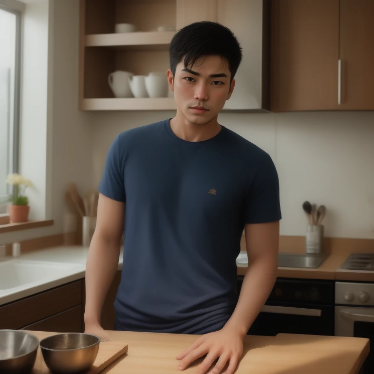 there is a man standing in the kitchen with a wooden counter, Handsome Chad Chin, Bo Chen, Asian man, Damian Tran, According to Thawan Duchanee&#39;s style, Darren Quach, in the kitchen, Portrait in the middle of a shot, Ross instead, Jonny Wan, in the kitchen, Covering the farm, Wear a dark blue polo shirt., David Luong, Joe Tasslim