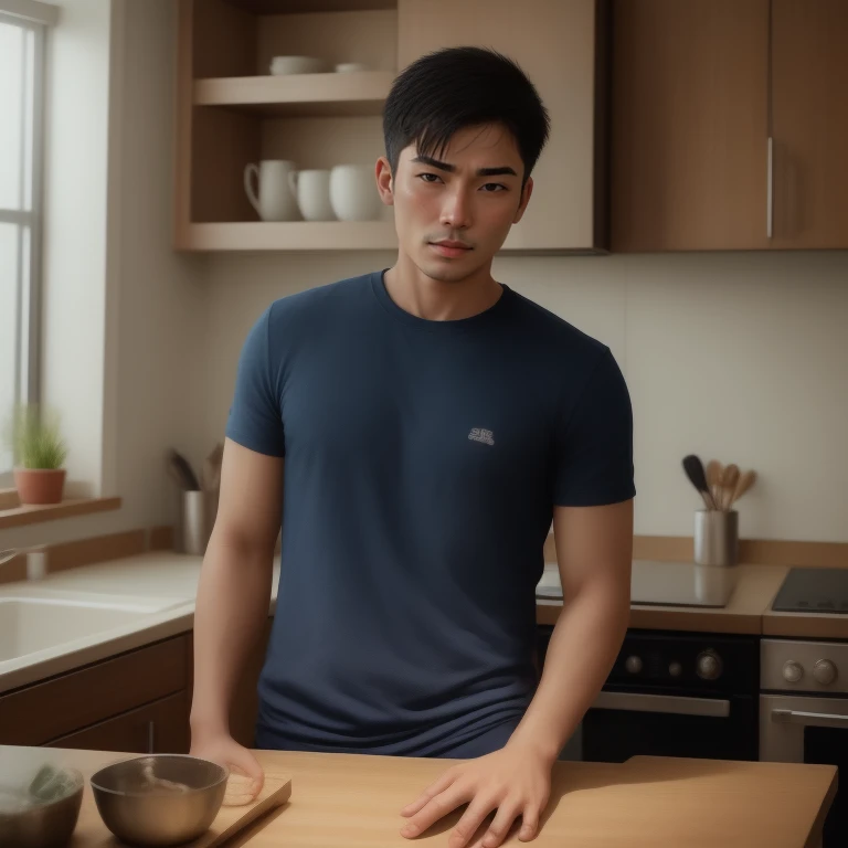 there is a man standing in the kitchen with a wooden counter, Handsome Chad Chin, Bo Chen, Asian man, Damian Tran, According to Thawan Duchanee's style, Darren Quach, in the kitchen, Portrait in the middle of a shot, Ross instead, Jonny Wan, in the kitchen, Covering the farm, Wear a dark blue polo shirt., David Luong, Joe Tasslim
