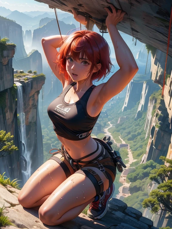 (8k, highest quality, Tabletop:1.2)、Ultra-high resolution, Detailed face, (See her from above), 15-year-old girl, Red eyes, Red hair, short hair, (((Free Solo Climbing))), ((Hands on the cliff)), ((Lift your head)), ((Sweat)), ((sneakers)), (Crop top), (Shorts), holster, fog, null, Dense forest, canyon, high null