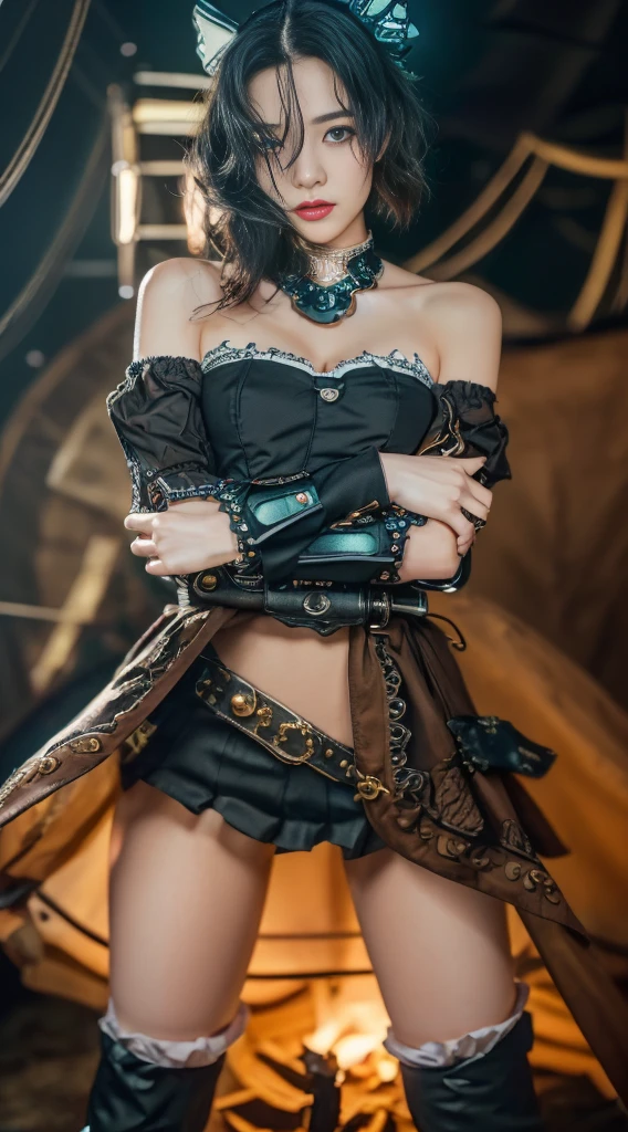 Magical Girl, (((Dynamic action poses, Activate magic, Mechanical Magic Weapon))), (((super masterpiece))), (((highest quality))), (((Super detailed face))), (((woman, ))), ((Long slit, 3 very large crescent-shaped eyes, Very big eyes, Dark grey eyes that sparkle like jewels)), ((Long eyelashes, Very thin small nose, Very small mouth, Very thin upper lip, Light colored natural makeup)), ((Very slim and attractive body, very thin and long legs), Black lace stockings above the knee, (((Steampunk Headgear))), Fluttering black lace flared mini skirt, (((An off-the-shoulder black fashion that combines steampunk with detailed black gothic lolita.))), Beautiful small breasts, (((Thick bangs))), Clean long silver hair, Long vertical curly hair, Futuristic complex steampunk factory background, Countless celestial neon lights pouring down from the sky, (((Movie lighting decoration))), (((Overall accuracy has been dramatically improved, Create highly detailed and realistic images))), (((For greater visual impact、Beautifully rendered with striking contrast. Very realistic, Very dreamy texture, Immerse your audience in a captivating visual experience))), Highly detailed background.