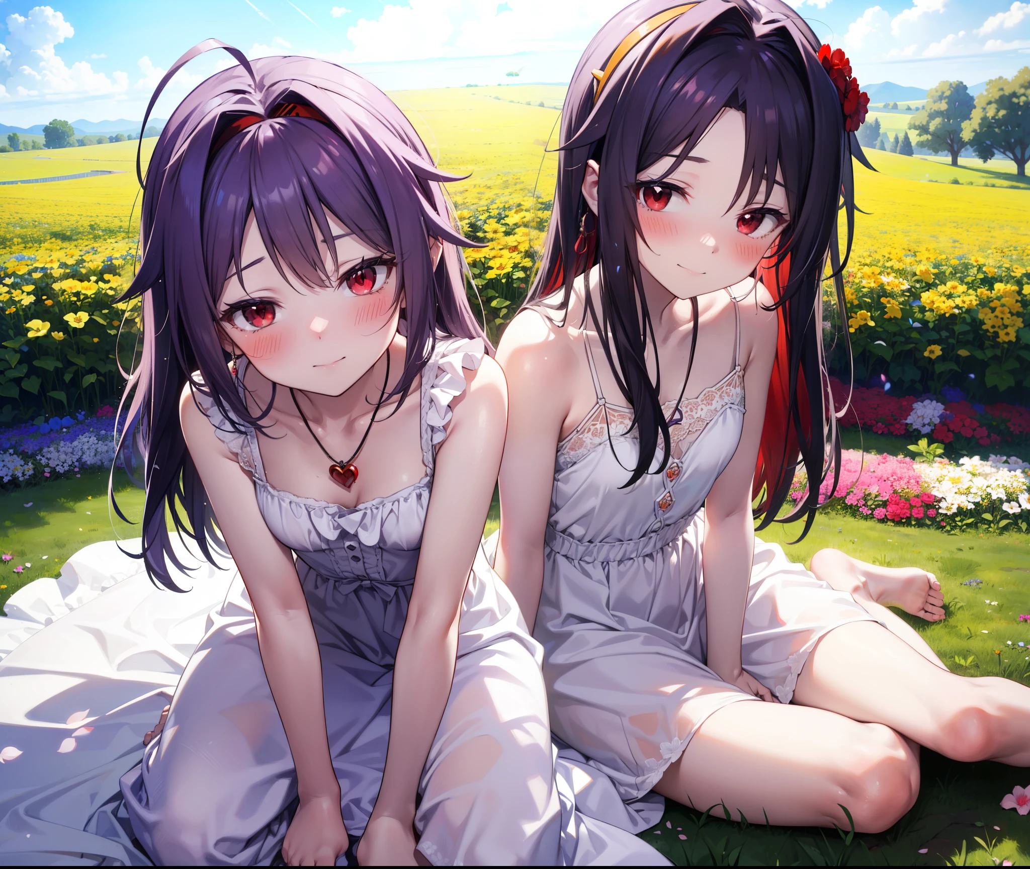 yuukikonno, Konno Yuuki, hair band, Long Hair, Pointed Ears, Purple Hair, (Red eyes:1.5), (Small breasts:1.2), Squint both eyes,blush,happy smile, smile, Close your mouth,White sleeveless dress,Bare arms,Heart Pendant,Long skirt,Barefoot flower crown,whole bodyがイラストに入るように,Sitting,Looking up from below,
break looking at viewer, whole body,
break outdoors, nature,Flower Field,Large Lake,
break (masterpiece:1.2), highest quality, High resolution, unity 8k wallpaper, (figure:0.8), (Beautiful fine details:1.6), Highly detailed face, Perfect lighting, Highly detailed CG, (Perfect hands, Perfect Anatomy),