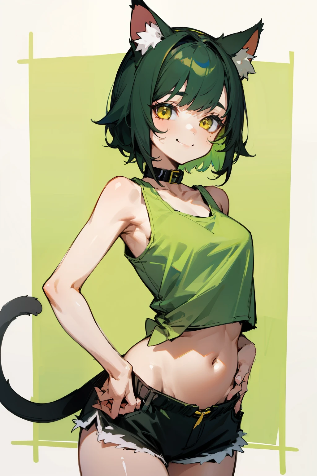 1 girl, high quality, bob hair, black hair, forehead, green eyes, medium breasts, white halter top,(straps on thighs), thick thighs, simple background, high gloves, stockings, cameltoe, cat tail, cat ears,((thong)), (lace:1.2), (big nipples:0.8)