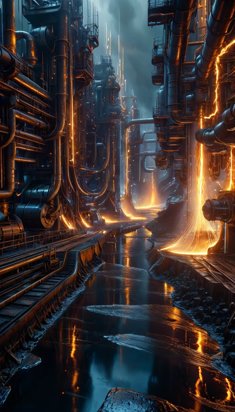 a surreal landscape with a river of glowing silver liquid metal, glowing molten metal flowing through a dystopian industrial environment, highly detailed, hyperrealistic, 8k, cinematic lighting, intricate machinery, towering metal structures, dark moody colors, dramatic shadows, (best quality,4k,8k,highres,masterpiece:1.2),ultra-detailed,(realistic,photorealistic,photo-realistic:1.37)