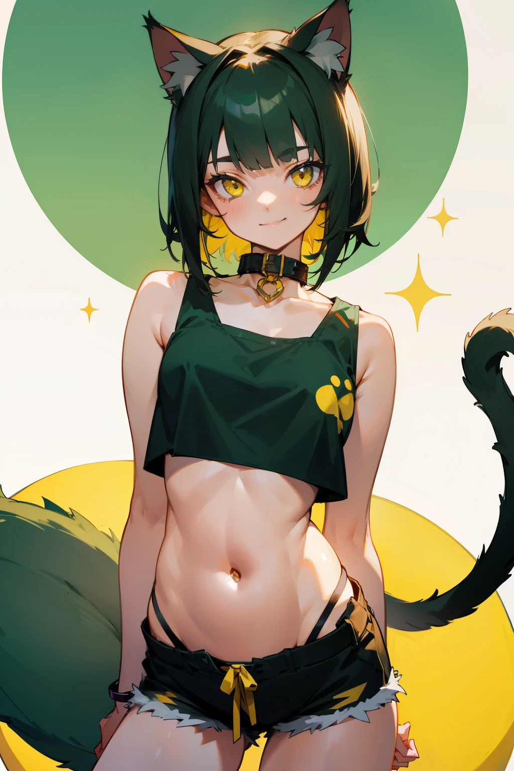 Girl, short dark green hair, yellow eyes, cat ears, cat collar, cat tail, big , exposed belly, white tank top, short shorts, naughty smile