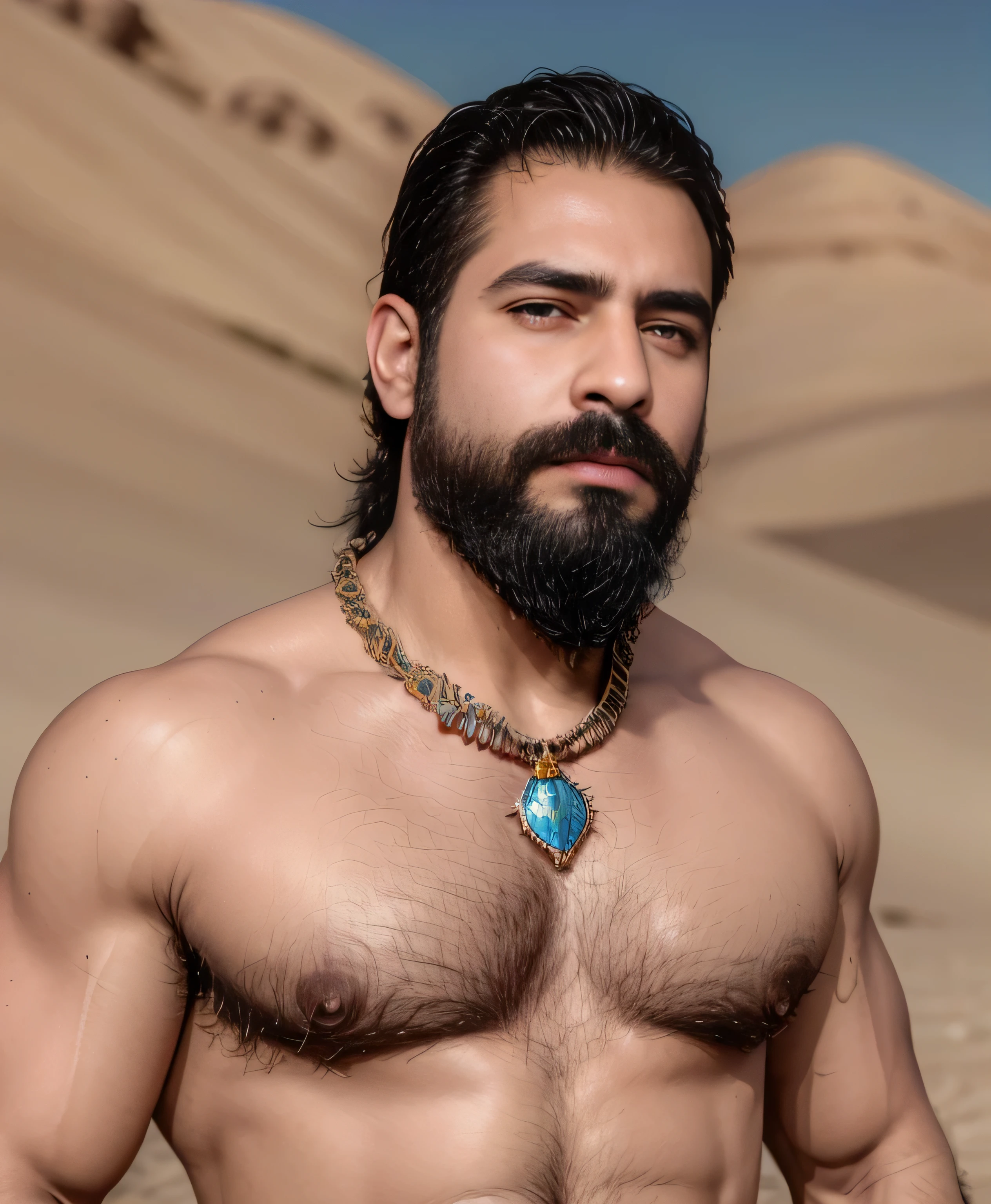 a muscular very handsome and attractive arabian warrior, detailed beard, hairy body, colorful and golden rich jewelry, frontal view, regal pose and attitude, desert landscape, (best quality,4k,8k,highres,masterpiece:1.2),ultra-detailed,(realistic,photorealistic,photo-realistic:1.37),portrait,studio lighting,vivid colors