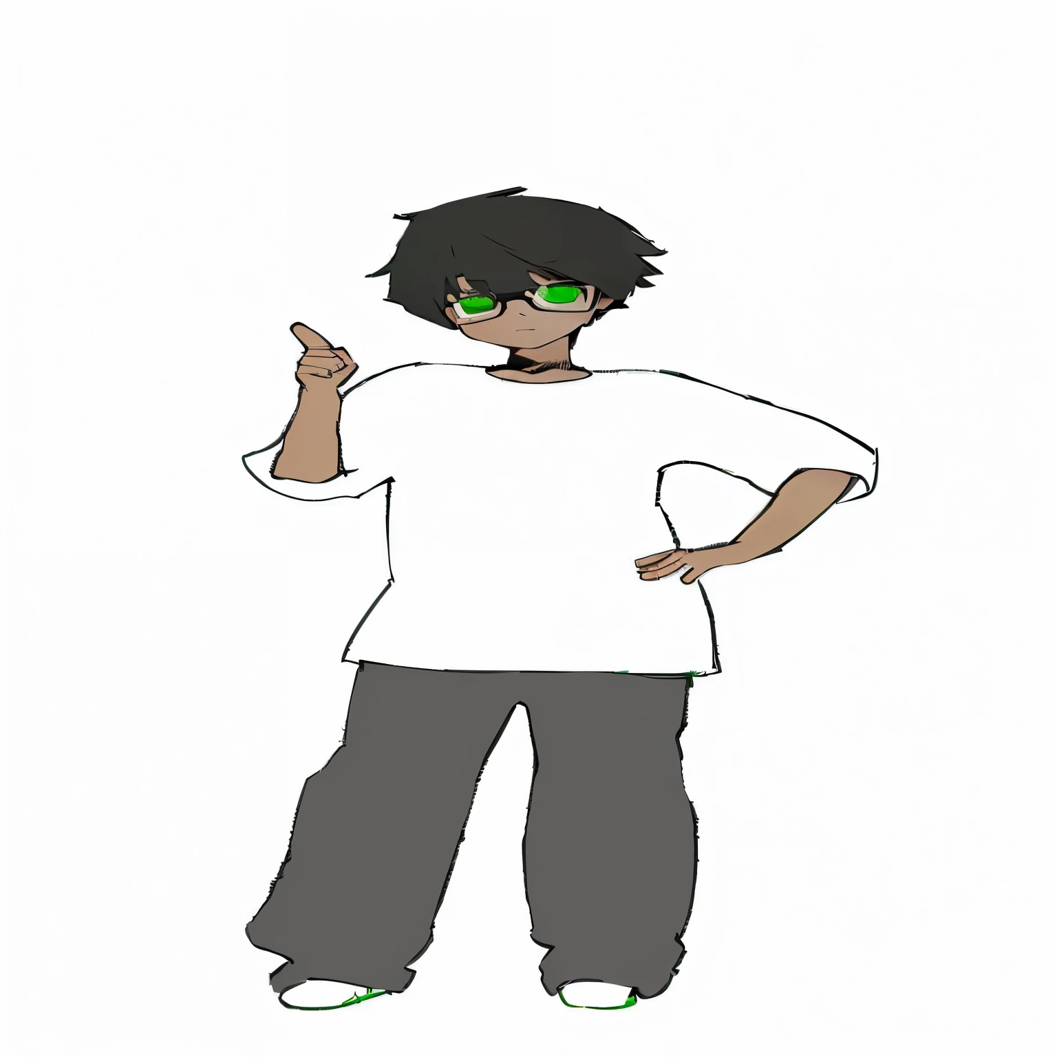 a cartoon boy in a white shirt and green glasses pointing, unknown art style, cuerpo completo portrait of a short!, single character cuerpo completo, !!cuerpo completo portrait!!, cuerpo completo!, inspirado en Un&#39;ichi Hiratsuka, pose casual, Fondo blanco : 3, delineado!!!, celda sombreada!!!, con una pose genial, [ Arte digital ]!!