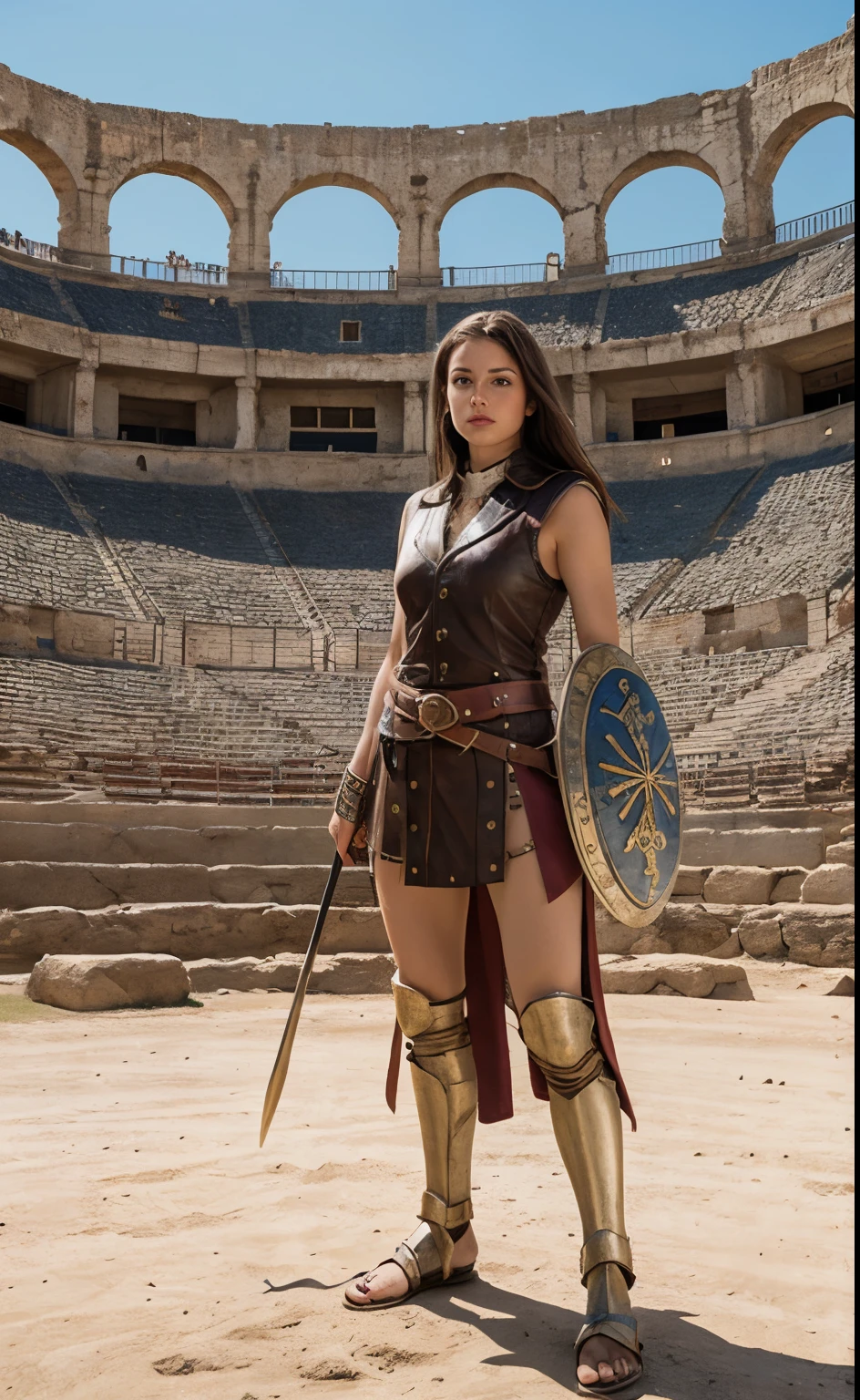 Ancient female gladiator, female gladiator, amphitheater, arena, gladius, large shield, tunic, long brown hair, leather belt, leather vest, cloth loincloth, masterpiece,