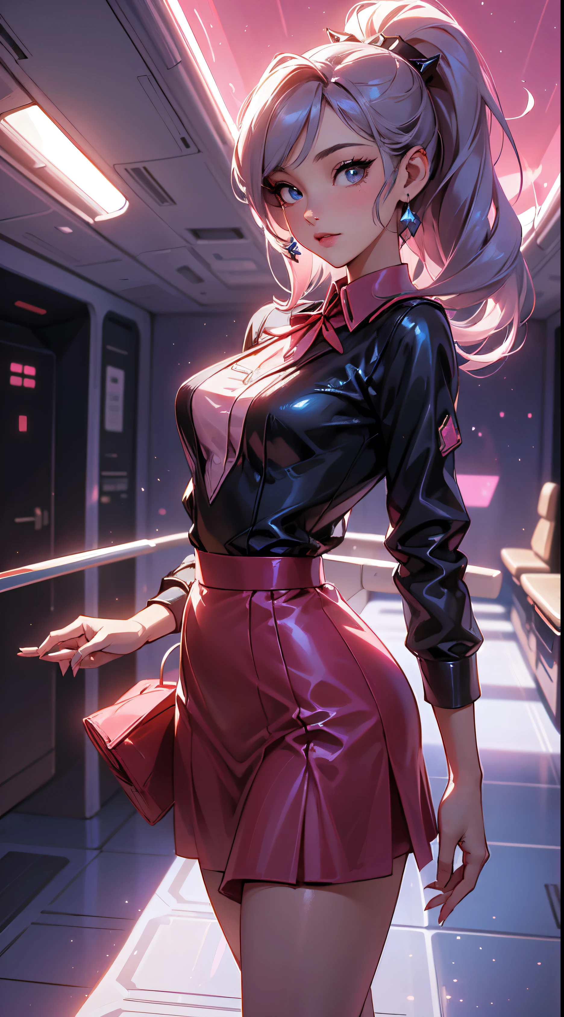 posterior view, Back picture,Ariana Grande stewardess wears short blue stewardess skirt, Flight attendant costumeoeing aircraft interior ) ((perfect female shape)),More detailed 8K.unreal-engine:1.4,hyper HD,Best quality:1.4, Photorealistic:1.4, skin texture:1.4, tmasterpiece:1.8,tmasterpiece, Best quality at best,Object object], (detailedfacialfeatures:1.3),((the right proportions)),(Convex camel toe),(Beautiful eyes azulelue lingerie stewardess ),(Stewardess red skirt:1.4) ), (Stewardess:1.4),( Realistic lighting from the 1950s:1.4), Realistic background, Black fishnet jumpsuit,(beautiful russian stewardess:1.2), (Inside the aircraft:1.4),(Neon pink background )