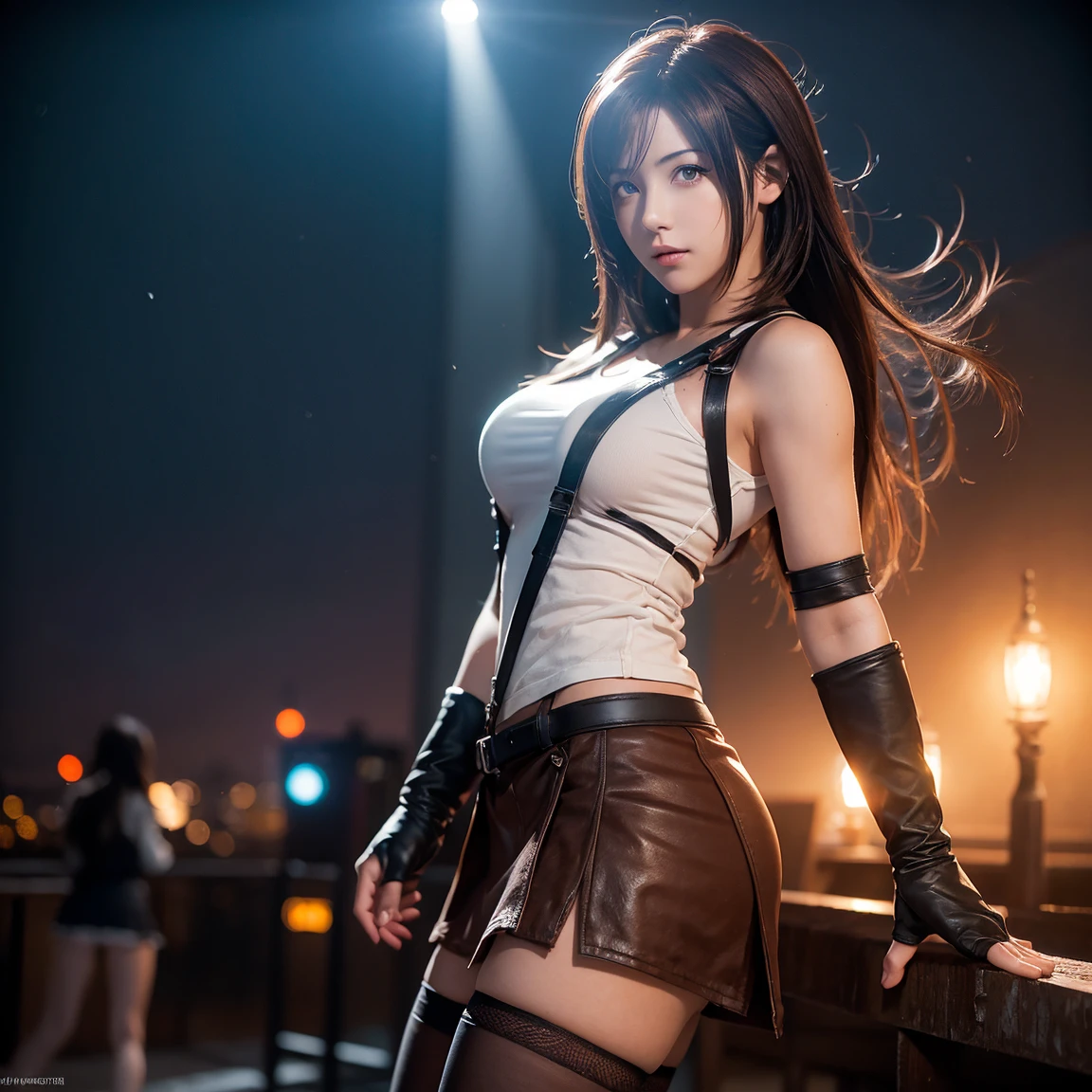 Tifa Lockhart, wallpaper, landscape, Depth of written boundary, night, Particles of light, light, Side lighting, Thighs, skirt, Red eyes, Brown Hair, Thigh-high socks, Arm Sleeves
