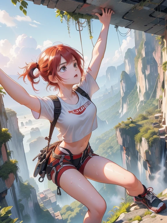 (8k, highest quality, Tabletop:1.2)、Ultra-high resolution, Detailed face, (See her from above), 15-year-old girl, Red eyes, Red hair, short hair, (((Free Solo Climbing))), ((Hands on the cliff)), ((Lift your head)), ((Sweat)), ((sneakers)), (Crop top), (Shorts), holster, fog, null, Dense forest, canyon, high null